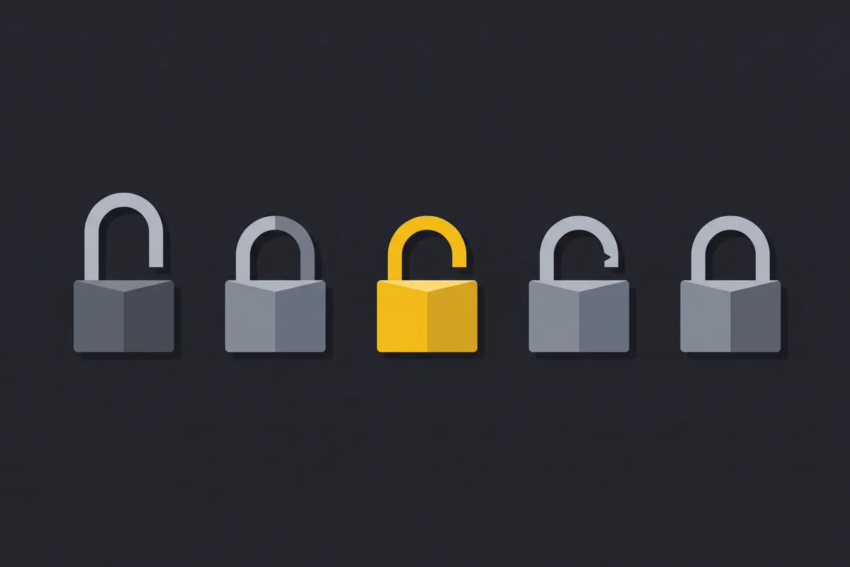 A row of five padlocks with shackles open to different degrees, the middle one in yellow