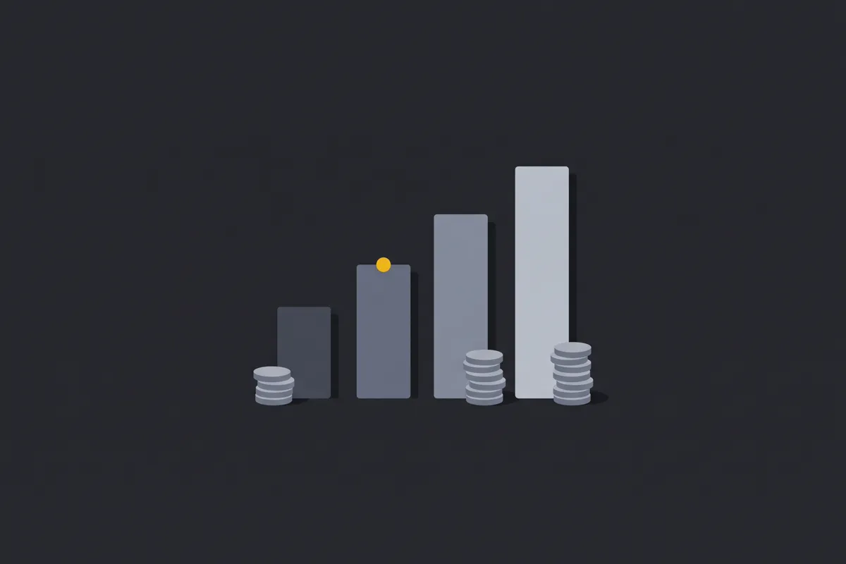 Four grey bars of rising height with coin stacks beside them, the second bar marked with a yellow dot