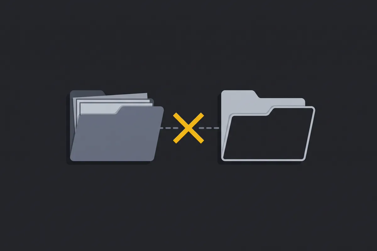 Two folders joined by a dashed link that is crossed out in yellow, one full and one empty