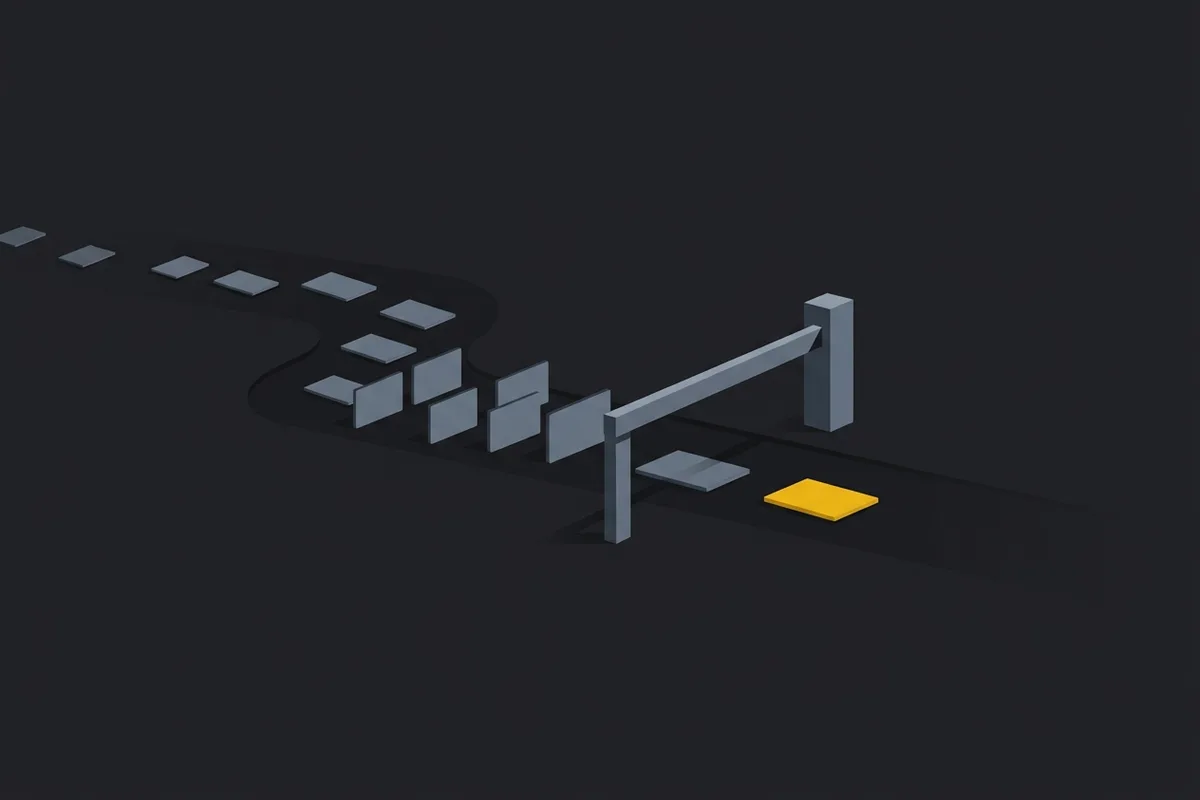 A stream of idea cards stopped at a gate, with only one passing through