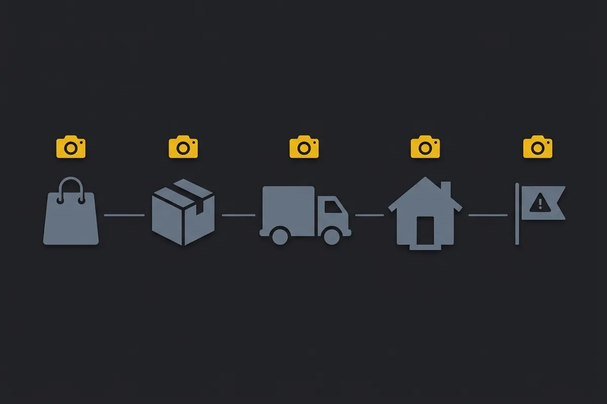 An order timeline from purchase to delivery to dispute, with a snapshot captured at each step