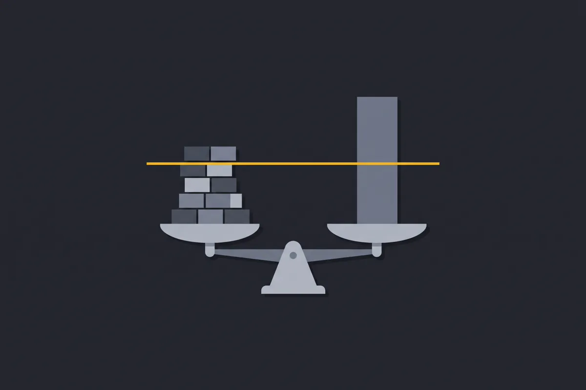 A balance scale with two grey stacks and a yellow line suggesting an uncertain measurement