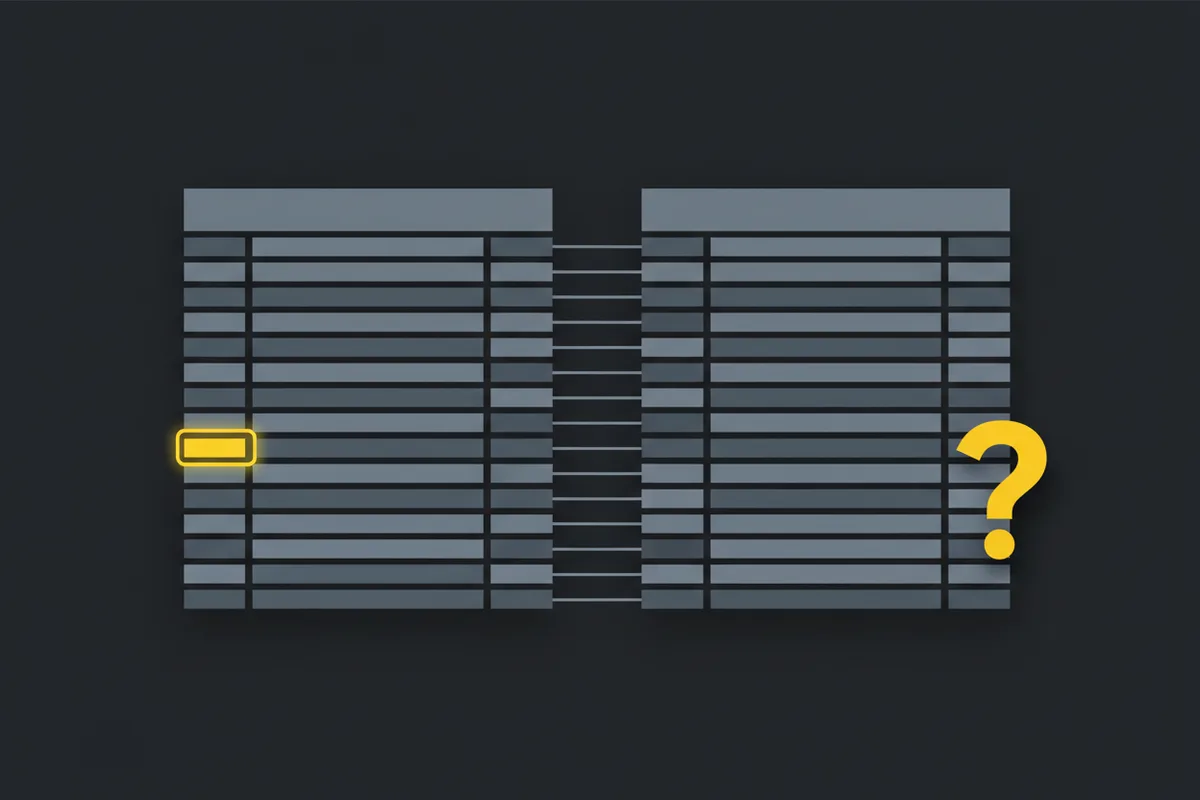 Two ledgers matched row by row, with one unmatched entry highlighted