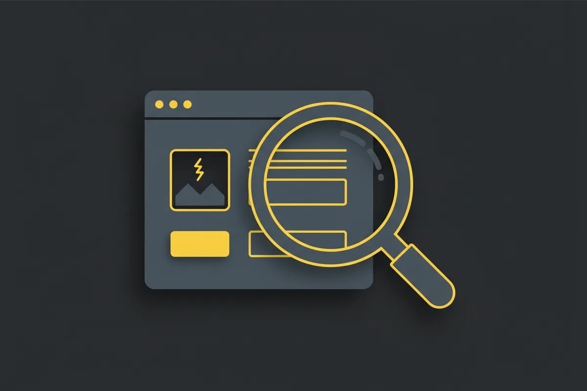 A magnifying glass over a web page showing a low-contrast button, an image without alt text and an unlabeled field
