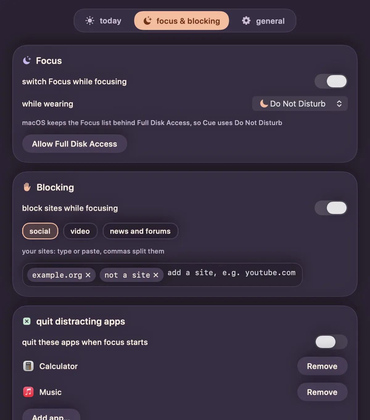 Blocked sites and apps while you focus