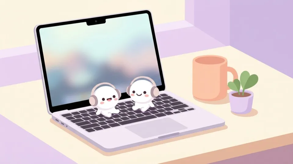 Cue: a laptop with two earbud buddies on the keyboard