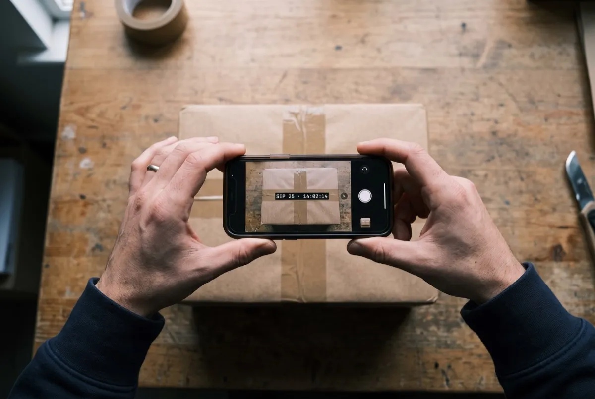 Photographing a packed parcel with a timestamp