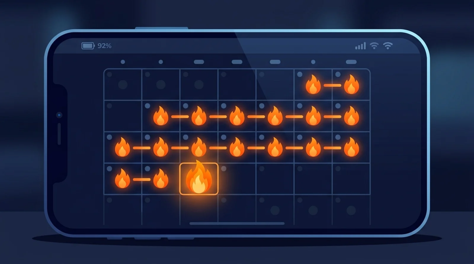 A streak calendar with a long chain of glowing days
